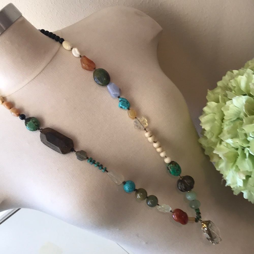 Hand knitted real stone necklace